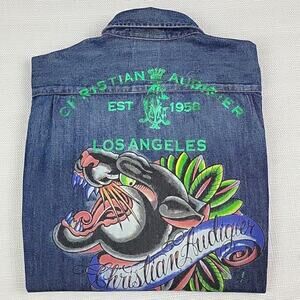 Christian Audigier Kids Chambray Button-up Short Sleeve Graphic Shirt 12